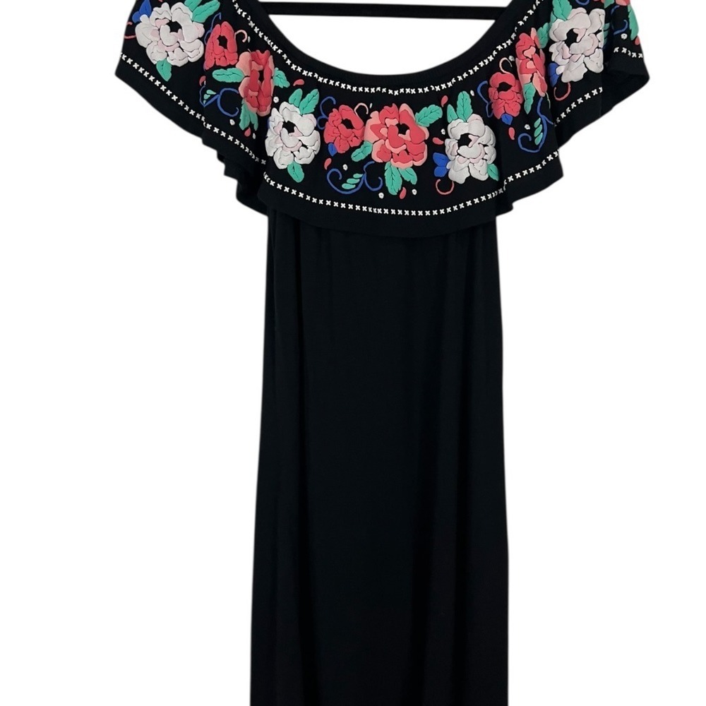 Almost Famous Black Floral Puff Print Off Shoulder Ruffle Midi Dress - Sz Small - Picture 2 of 6